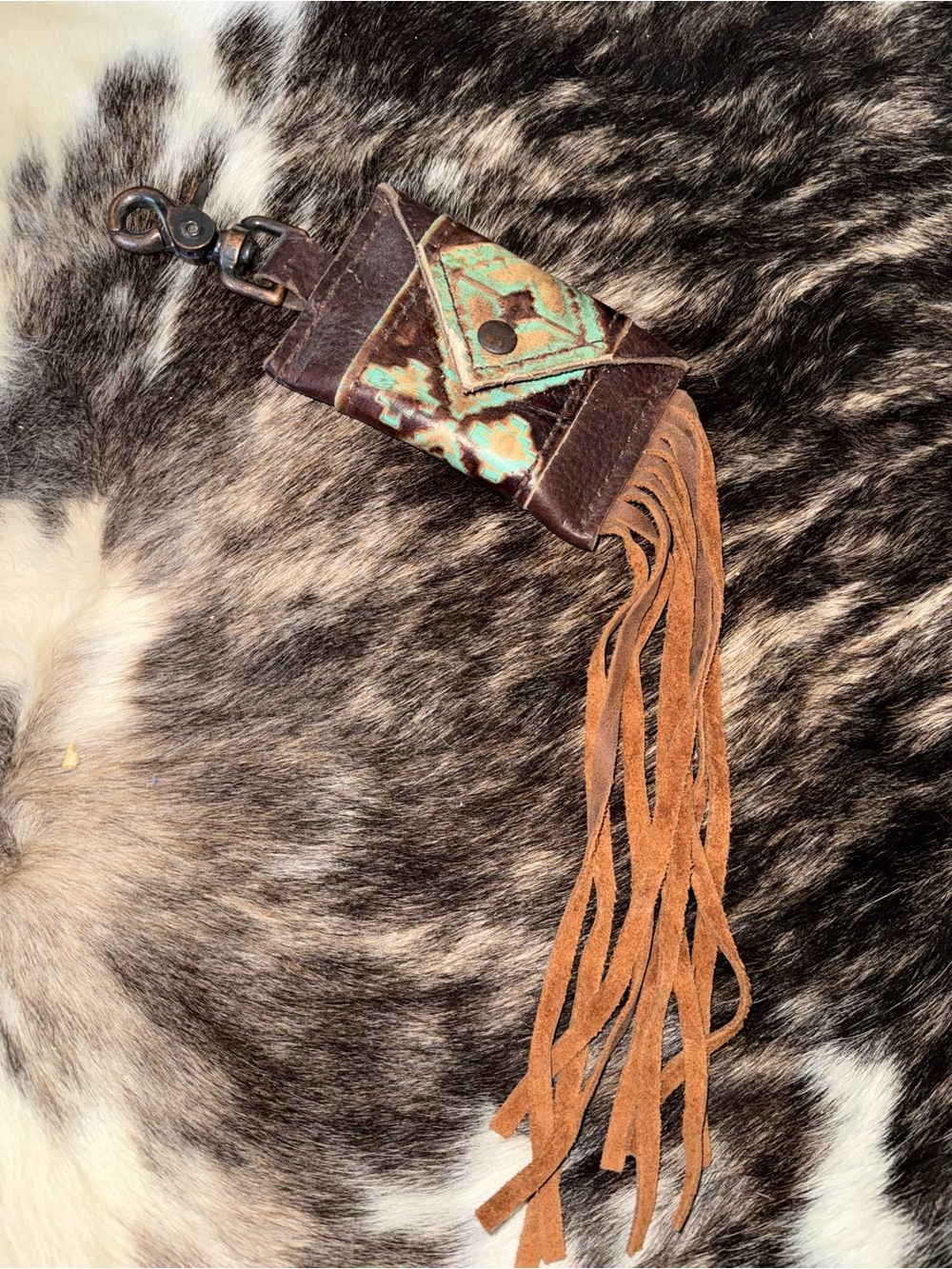 Fringe Leather Key Wallet with Turquoise Accent